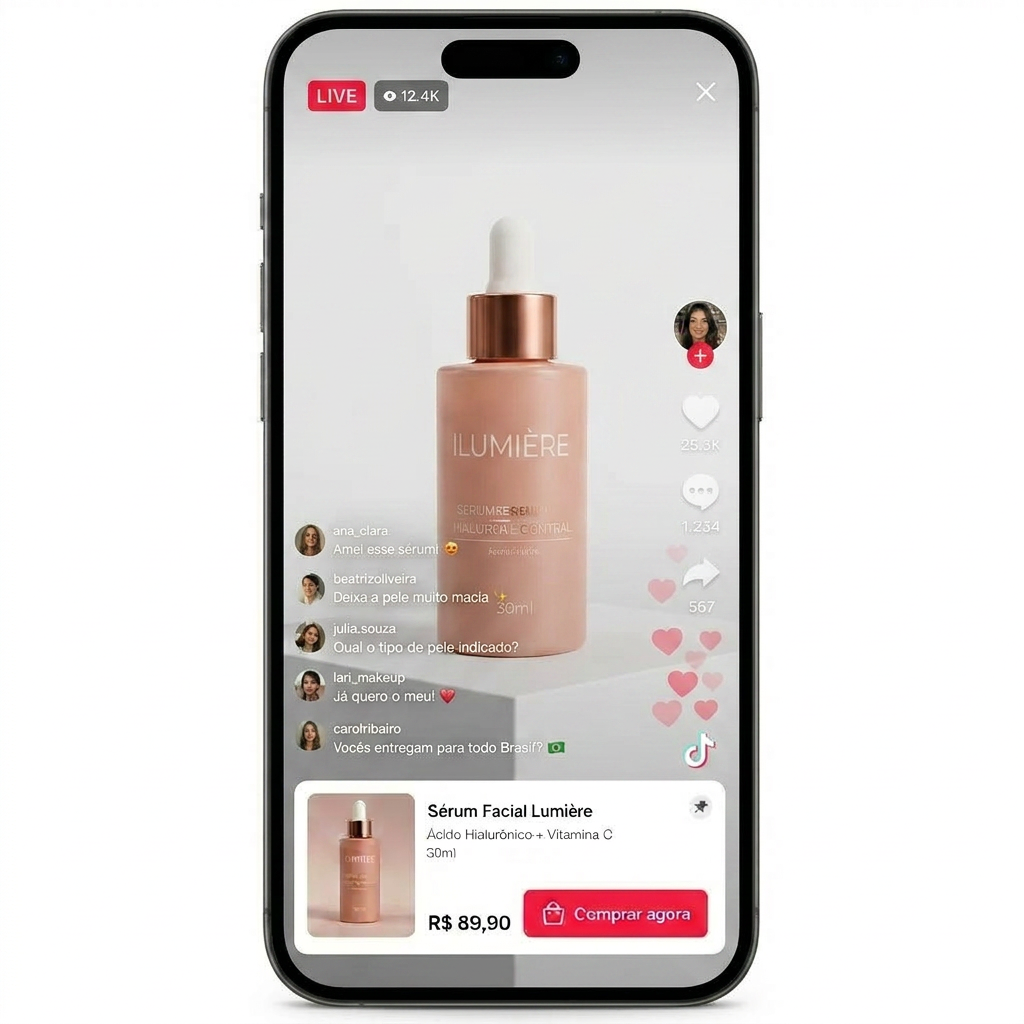 Celular transmitindo uma live shop com sacolas de marketplace ao redor